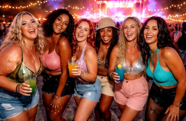 Concert clothes idea on women celebrating at a lively outdoor music festival.