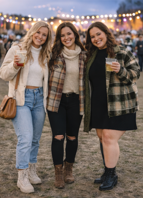 Three women stand together, smiling and enjoying the vibrant atmosphere of a lively festival.