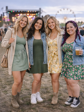 Four women in fashionable dresses and jackets stand together, smiling for a photo at a fun music festival.