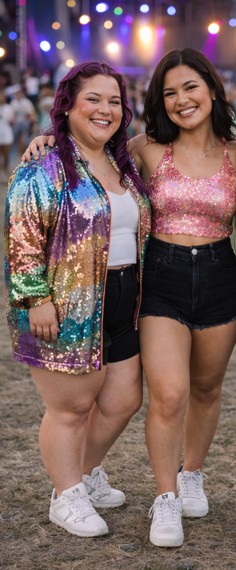 Two women in dazzling sequined attire, having fun and enjoying the atmosphere at a bustling music festival.