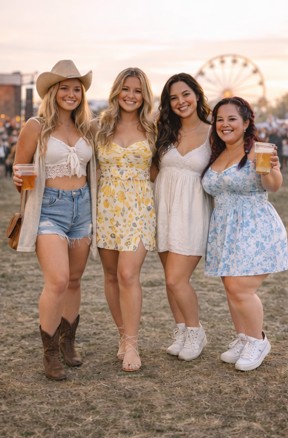 A cheerful group of four women in dresses and cowboy hats pose happily for a picture.