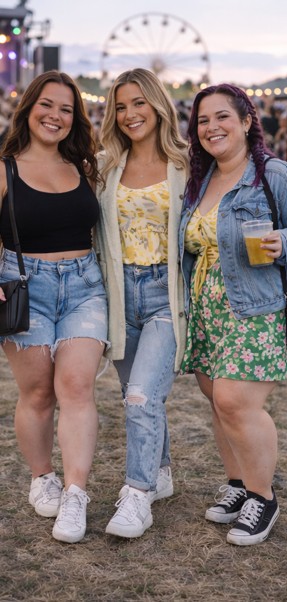 Three friends pose together at a lively music festival, surrounded by colorful decorations and excited festival-goers.