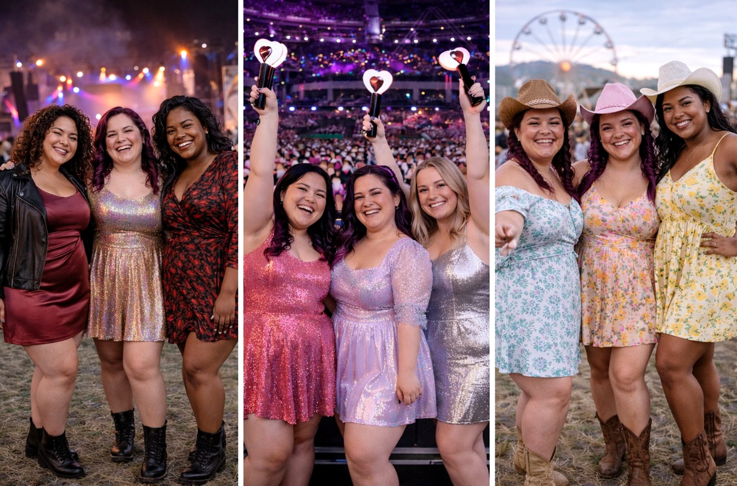 A group of four women wearing dresses and cowboy hats, celebrating and dancing at a vibrant concert.