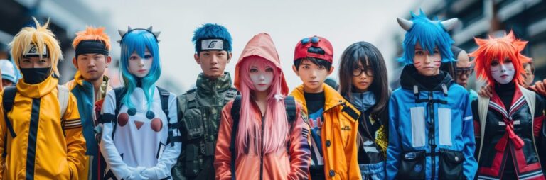 Group of people in vibrant costumes attending a cosplay event, showcasing characters from various anime and manga series in an urban setting.