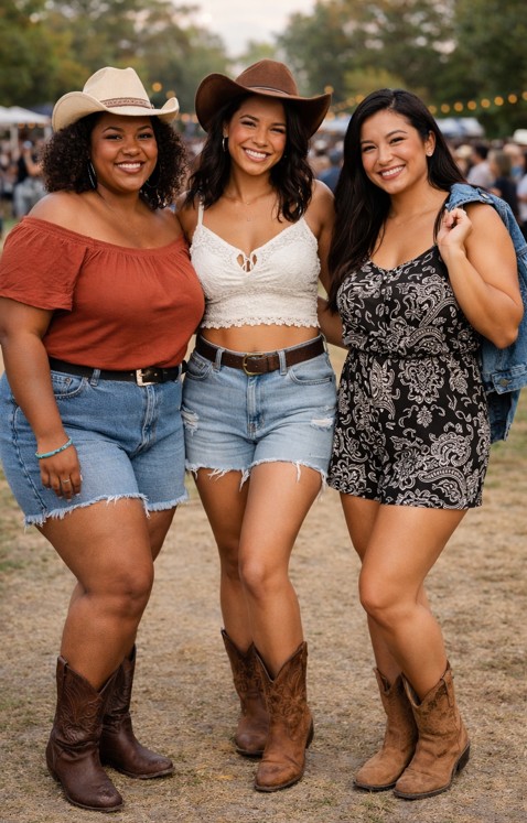 Three women wearing cowboy hats and shorts smile and pose together for a fun photo outdoors.