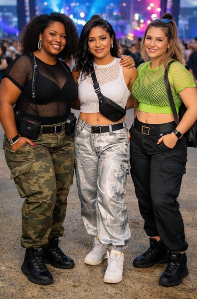 Three women dressed in military-style pants and crop tops, having fun at a lively music festival, surrounded by colorful lights.