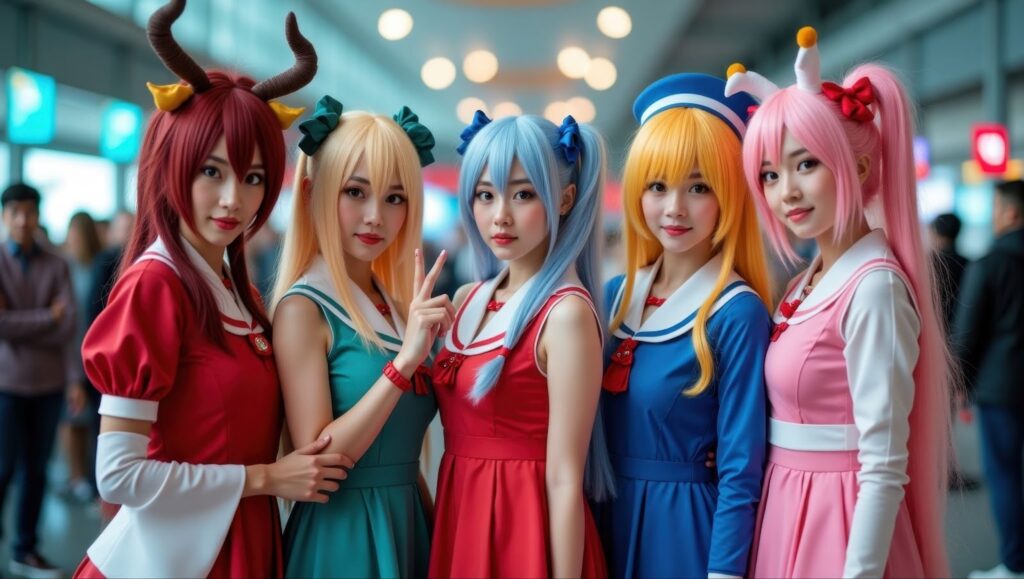 Five anime convention cosplayers wearing colorful character wigs and coordinated sailor-style costumes.