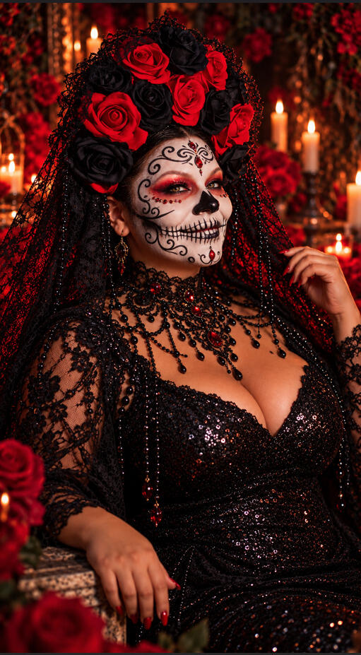 Woman in gothic costume with dramatic skull face paint, red flowers, and golden crown headpiece in a dark autumn forest setting.