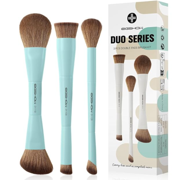 EIGSHOW Duo Series double-ended makeup brush set featuring three turquoise-handled brushes alongside matching product packaging.