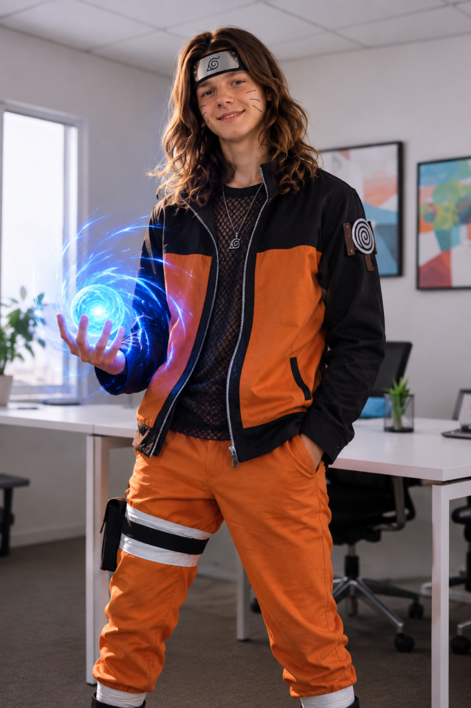 Boy at a Con dressed as Naruto cosplay character.