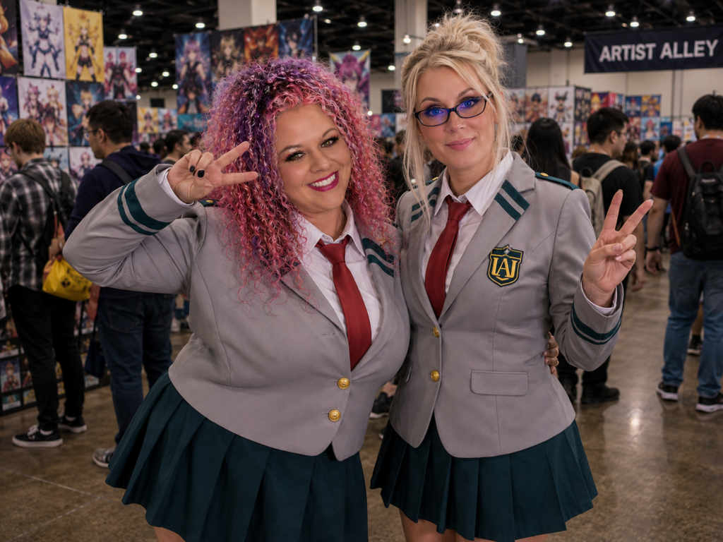 Two women dresed in schoolgirl outfits at an anime convention.