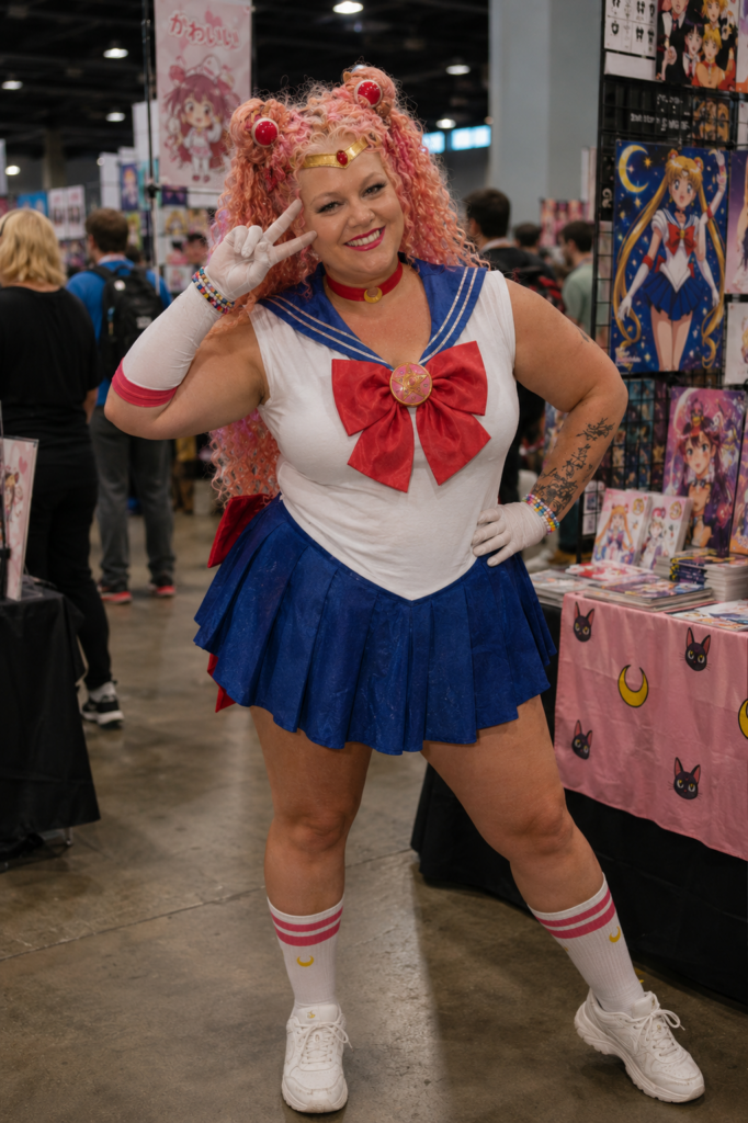 Plus size woman dressed as Sailor Moon character in cosplay convention.