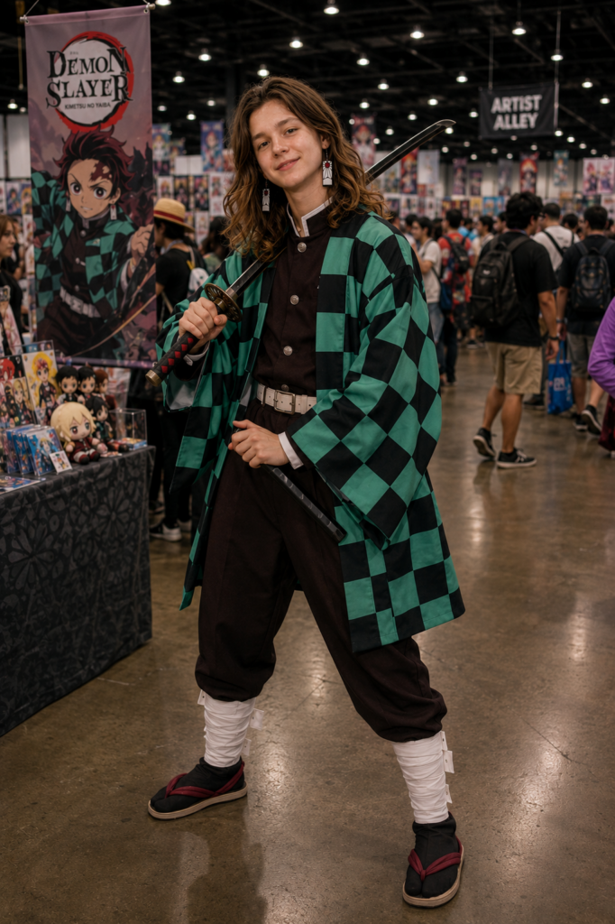 Boy at a convention dressed in Demon Slayer anime cosplay.