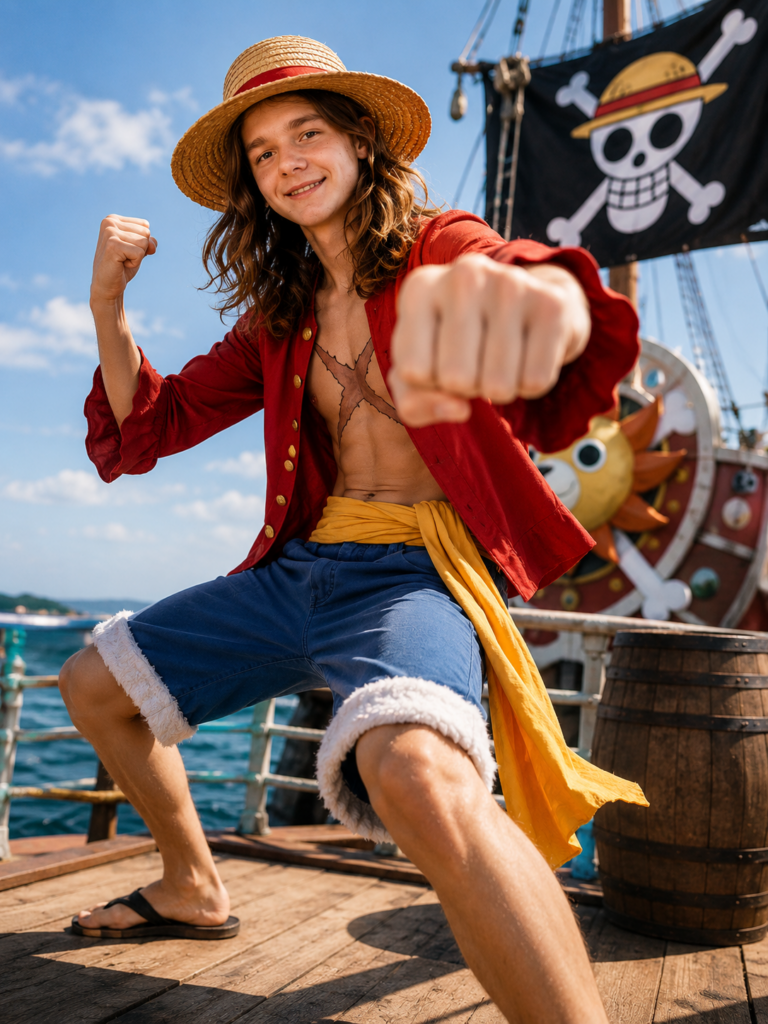 Boy dressed as Luffy in cosplay from the One Piece Anime show.