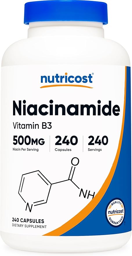 Bottle of Nutricost Niacinamide tablets.