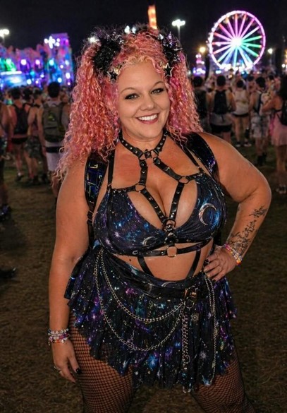 Dark sexy harnassed outfit on a woman at a music festival