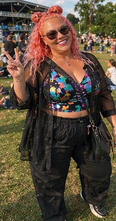 Woman with pink hair, stylish outfit throwing a peace sign with her fingers at an outdoor concert