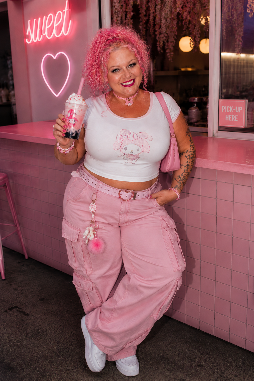 Woman in a Y2k outfit posing with a drink outside a diner.