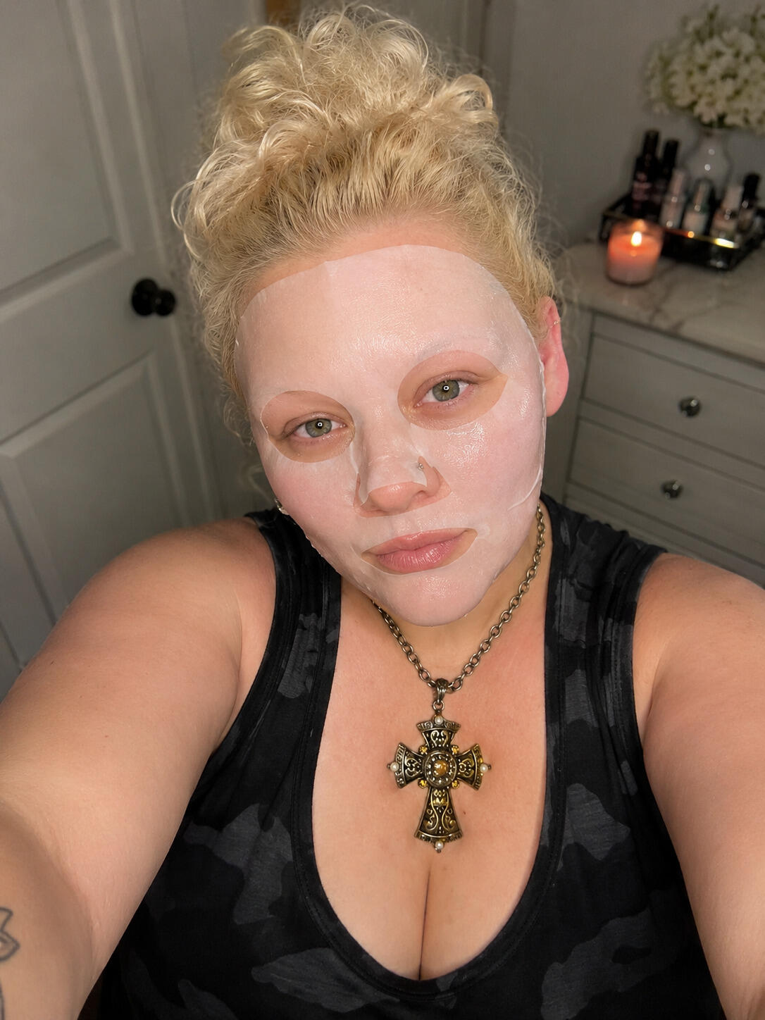 woman wearing a collagen-building face mask.