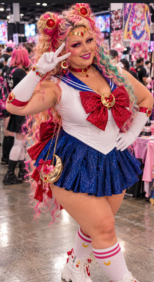 Plus size woman dressed as Sailor Moon character in cosplay convention.