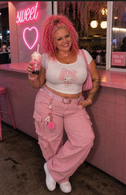 Woman in a Y2k outfit posing with a drink outside a diner.