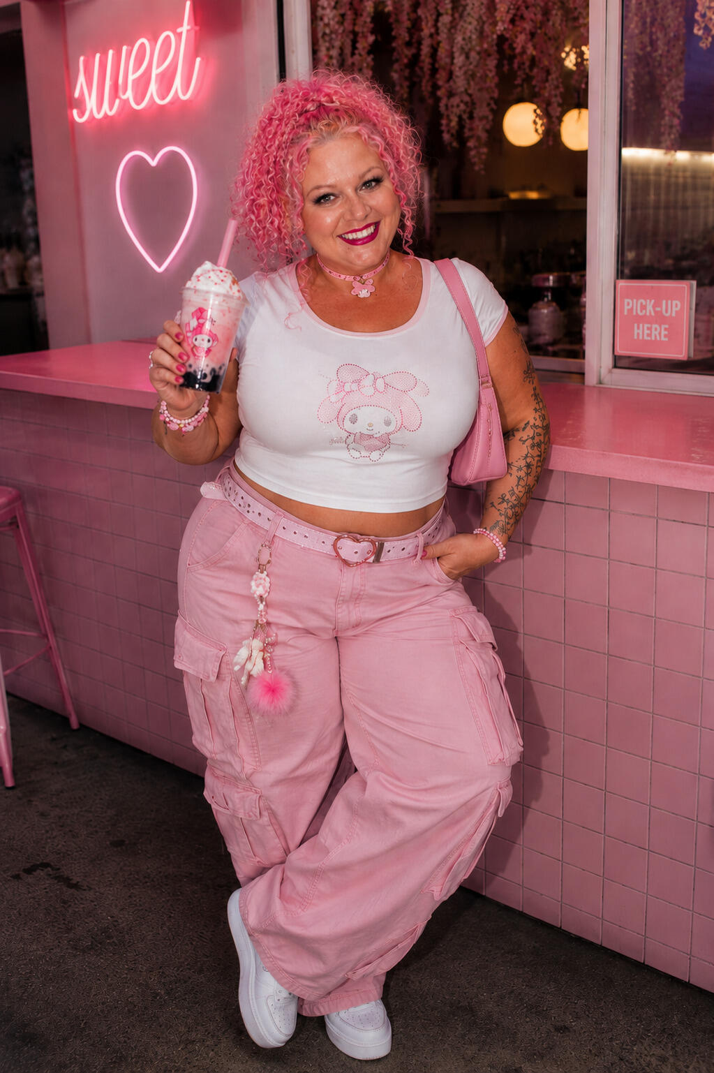 Woman in a Y2k outfit posing with a drink outside a diner.