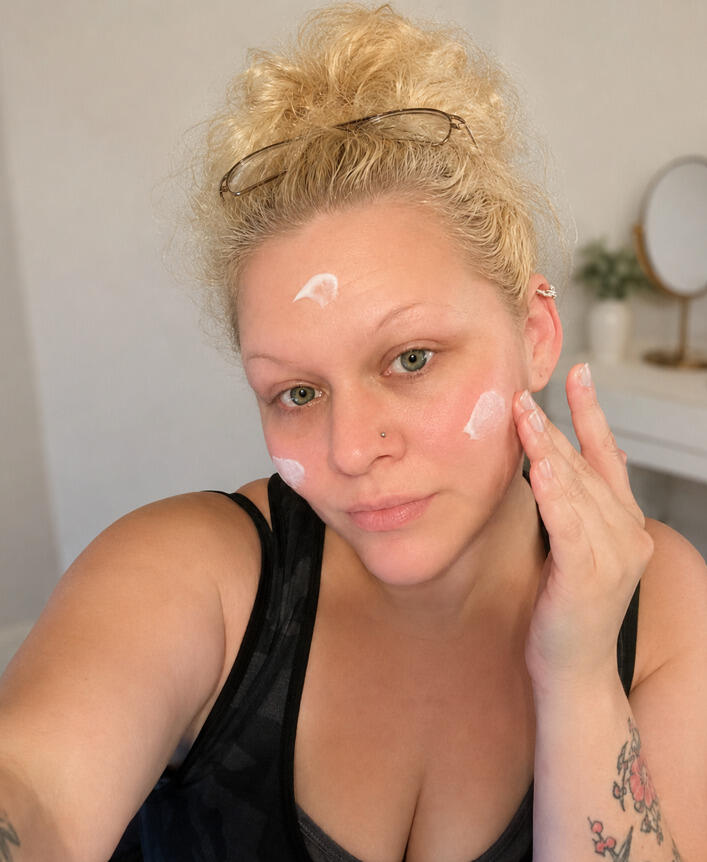 Wman putting on night time face cream for wrinkle reduction.