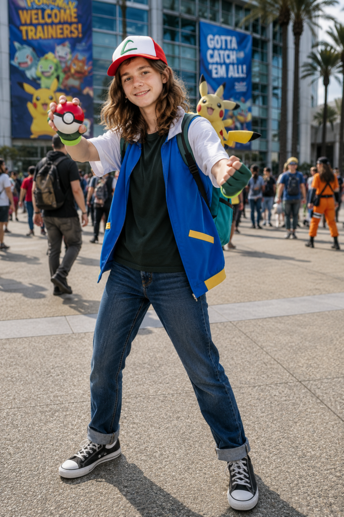 Boy dressed as Ash from anime series Pokemon.