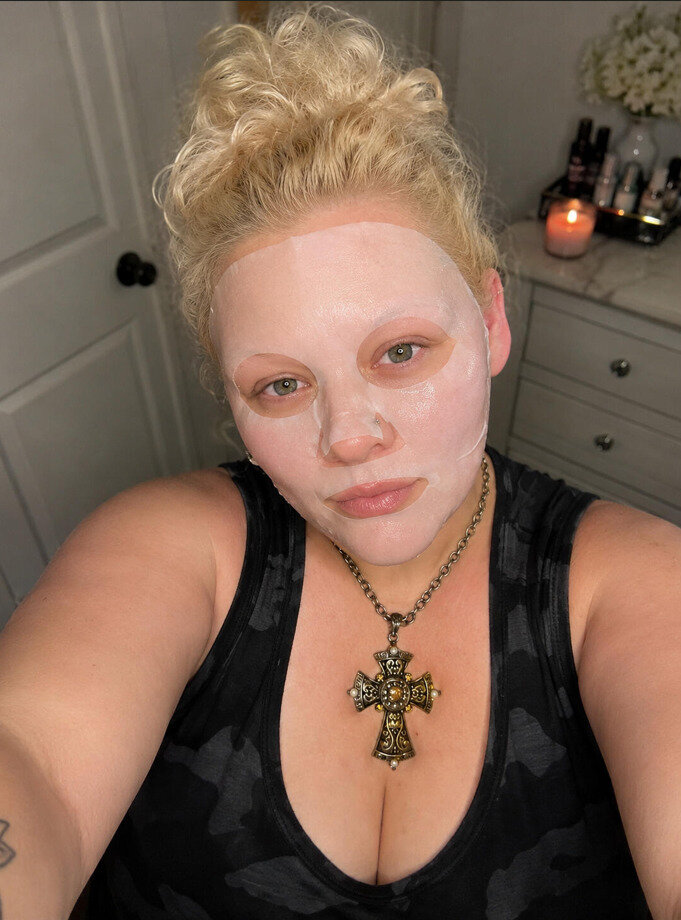 woman wearing a collagen-building face mask.