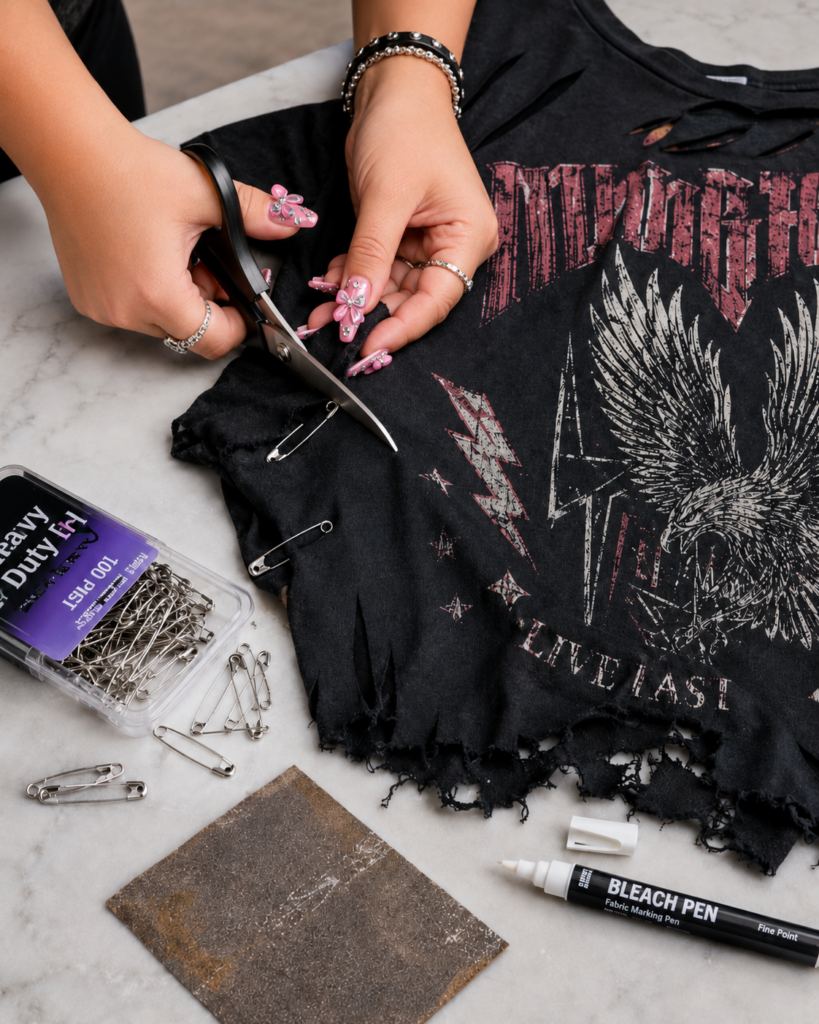 Woman's hands with scissors cutting up an old band tee adding safety pins and redesigning into a new cool look.