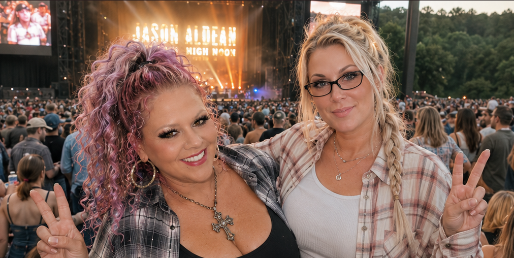 2 women at a music festival with great hairstyles.