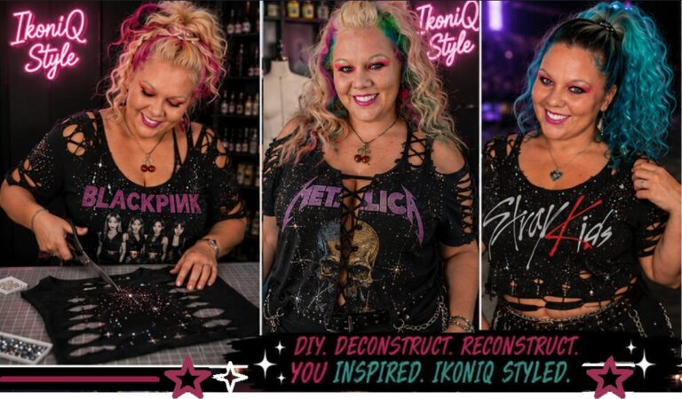3 Grid photo of a woman who is a fashion designer and has created 3 new DIY Band Tee Ideas from her old band tees in her design studio "IkoniQ Style."