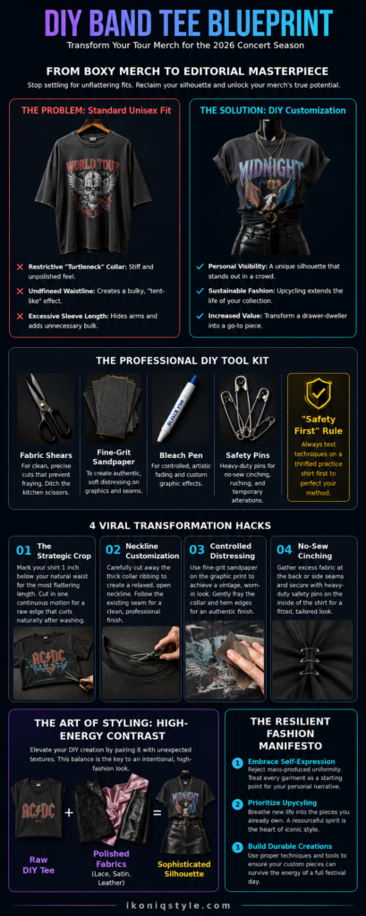 Professional DIY Tool Kit for transforming a band tee into a new reconstructed and distressed piece to wear to concerts.