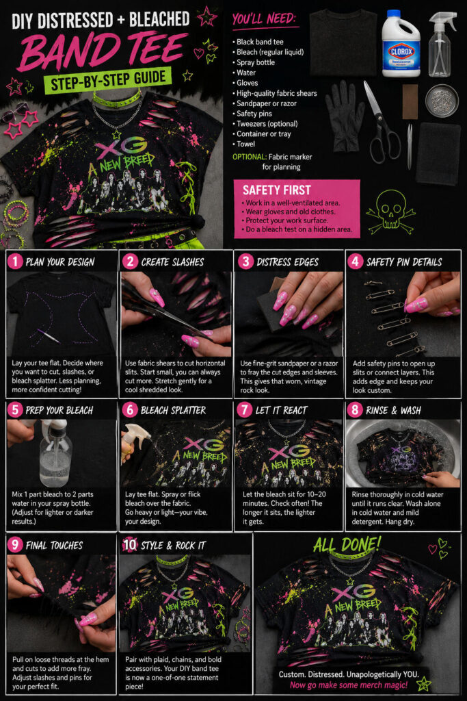 DIY distressed and bleached band tee step by step guide to transform an old band tee into a new version for concert wear.