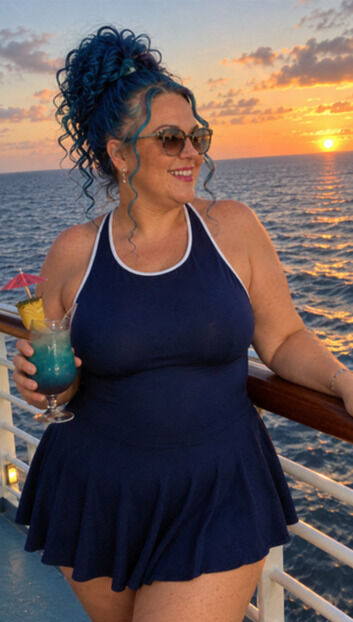 Women in sporty swim dress on a cruise vacation.