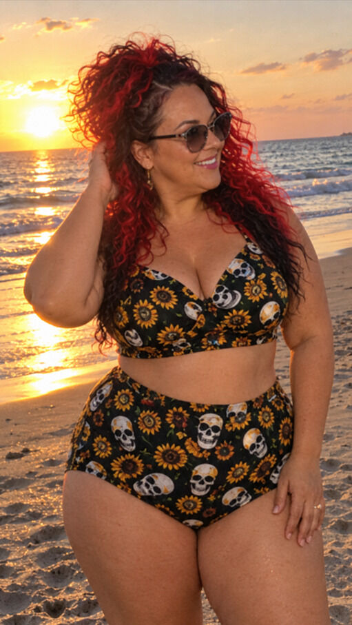 Woman on a beach at sunset modeling a two piece swimsuit with sunflowers and skulls.