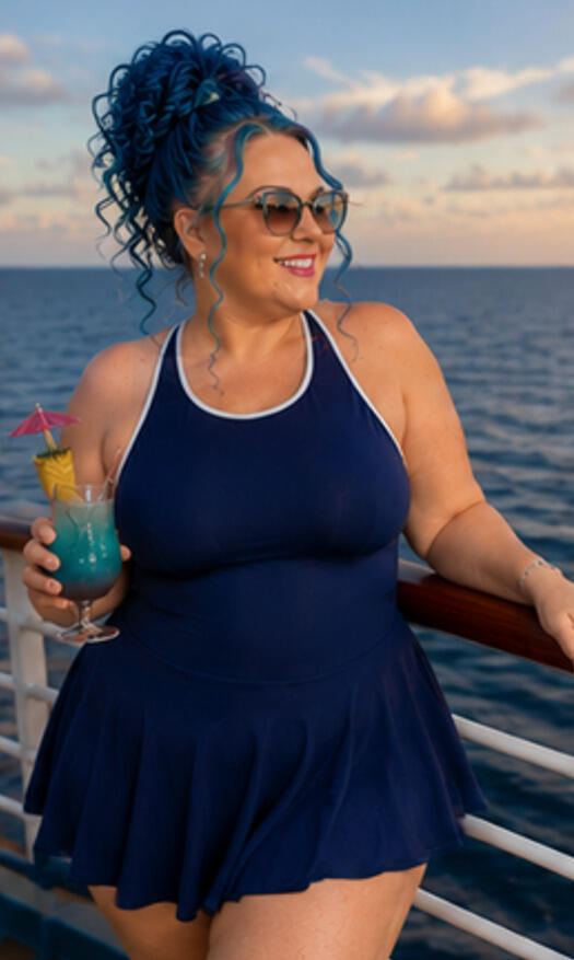 Women in sporty swim dress.