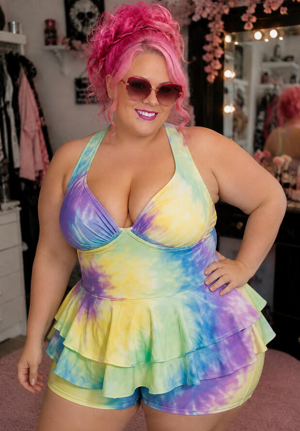 Woman in tie dyed two piece swimsuit posing for picture in sunglasses.