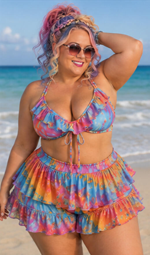 Woman with sunglasses poses in a tie dye shortini with ruffles standing on the beach in front of the ocean.