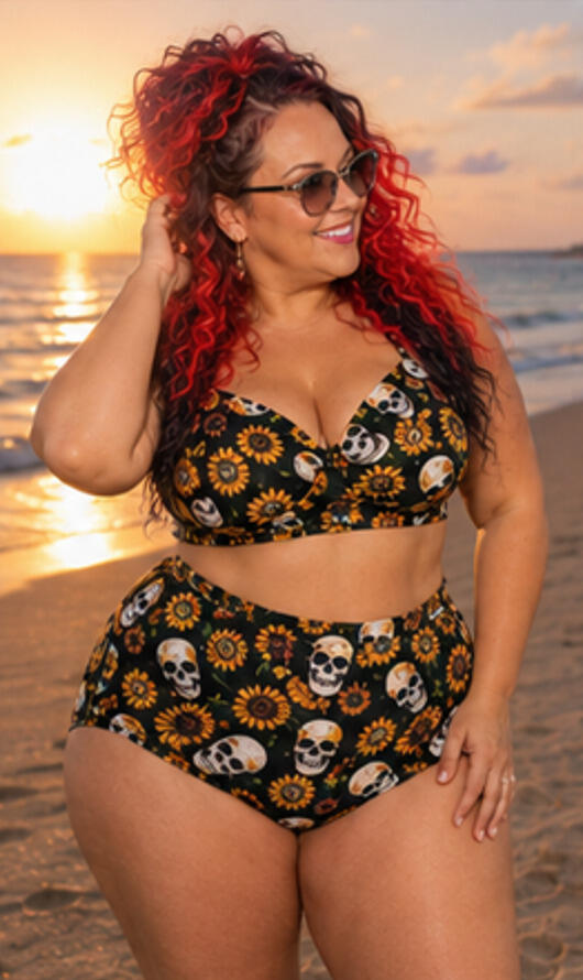 Woman on a beach at sunset modeling a two piece swimsuit with sunflowers and skulls.