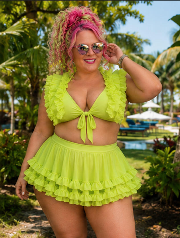 Woman in lime green ruffled swimsuit posing for picture at a resort.