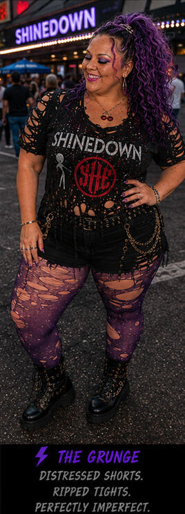 Woman modeling her DIY recreated band tee in front of a concert venue.