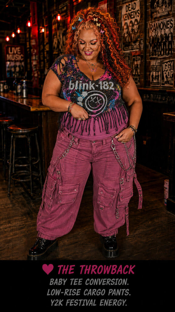 Woman modeling a Y@K version of a DIY band tee idea in a bar scene.