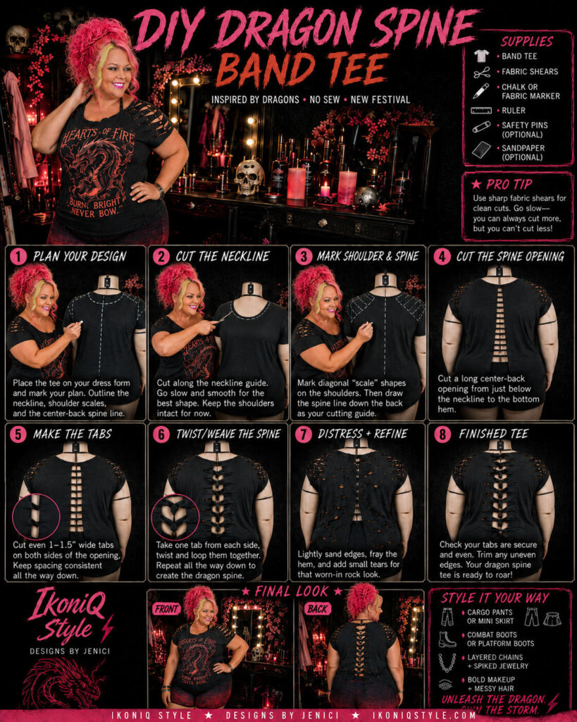 DIY band tee transformation tutorial sheet with step by step instructions to recreate a band tee into a new style.