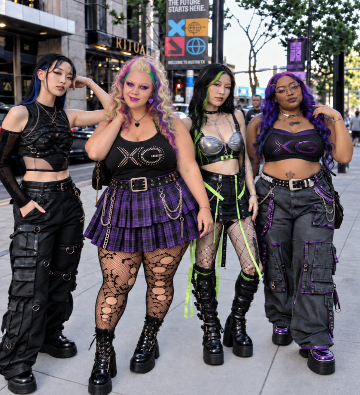 $ women dressed XG concert outfit ideas outside on a sidewalk.